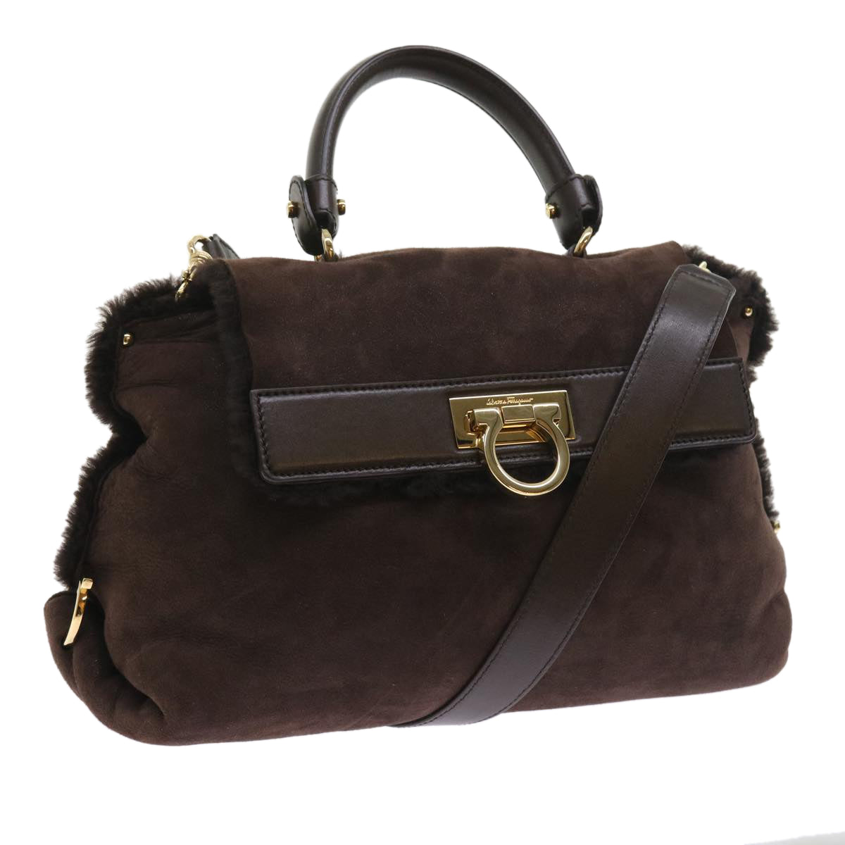 Salvatore Ferragamo Gancini Sofia Hand Bag Suede 2way Brown Auth 54711