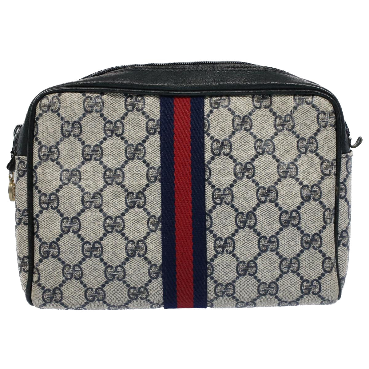 GUCCI GG Canvas Sherry Line Clutch Bag Gray Red Navy 010 378 Auth 54723 - 0