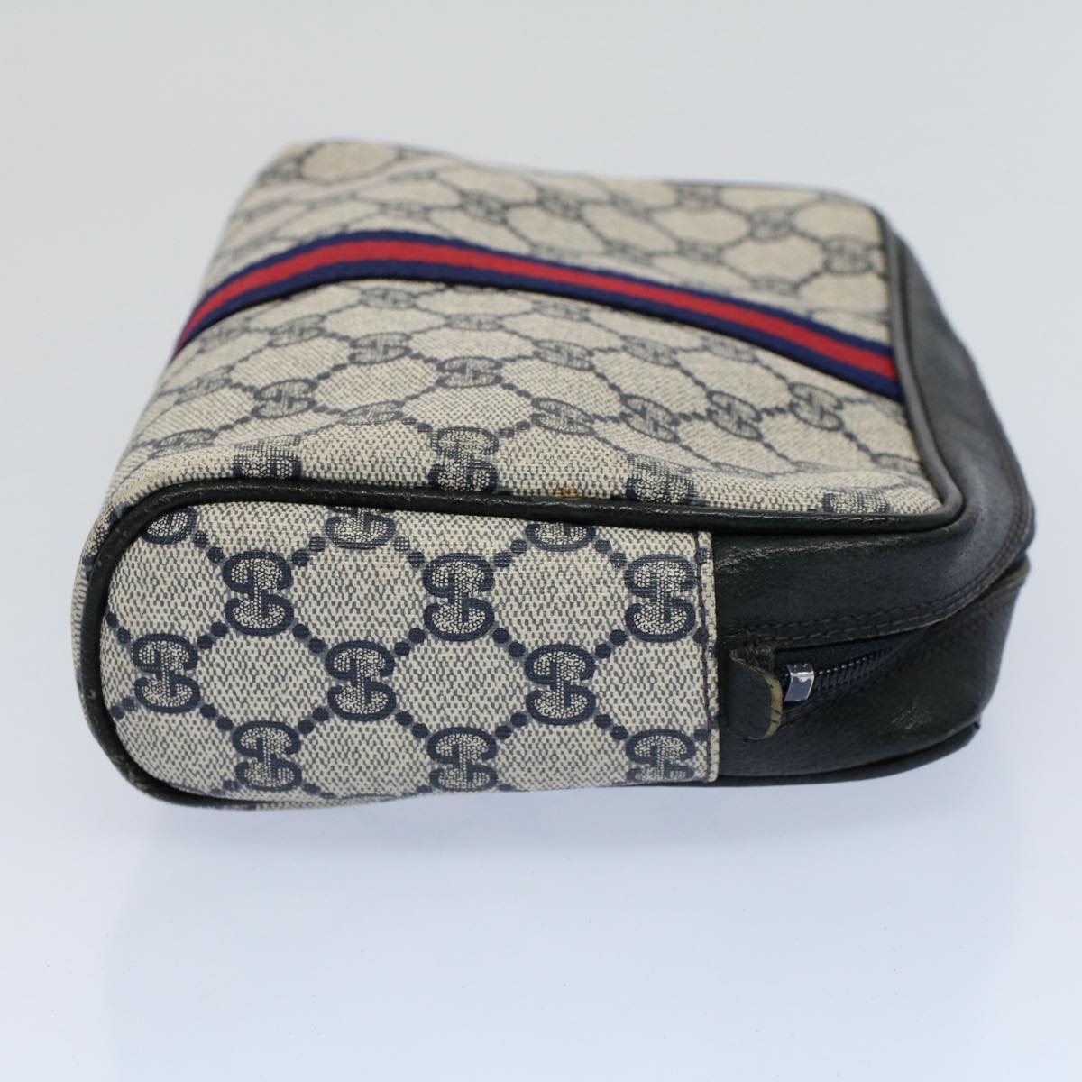 GUCCI GG Canvas Sherry Line Clutch Bag Gray Red Navy 010 378 Auth 54723