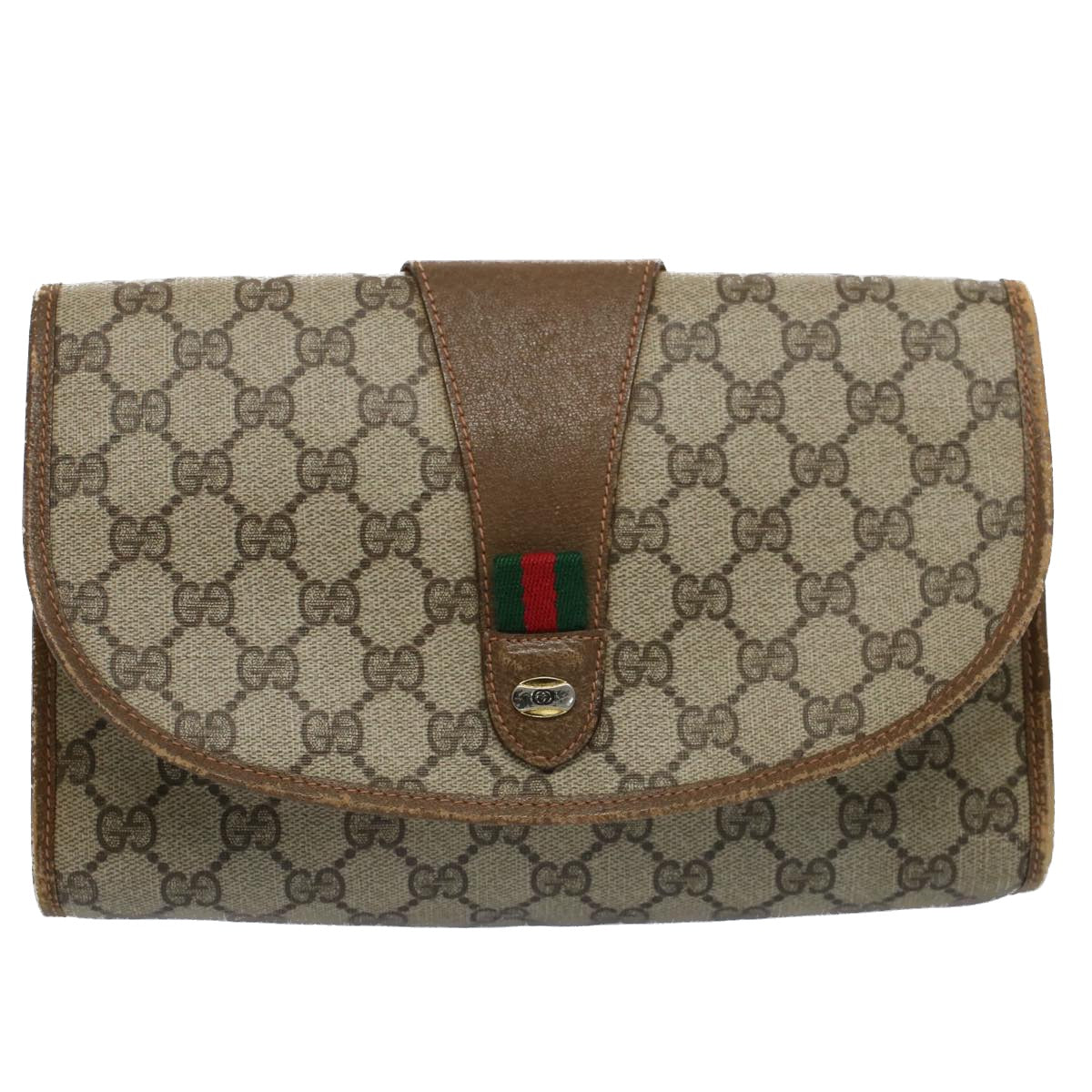 GUCCI GG Canvas Web Sherry Line Clutch Bag Beige Red Green 89 01 030 Auth 54732 - 0