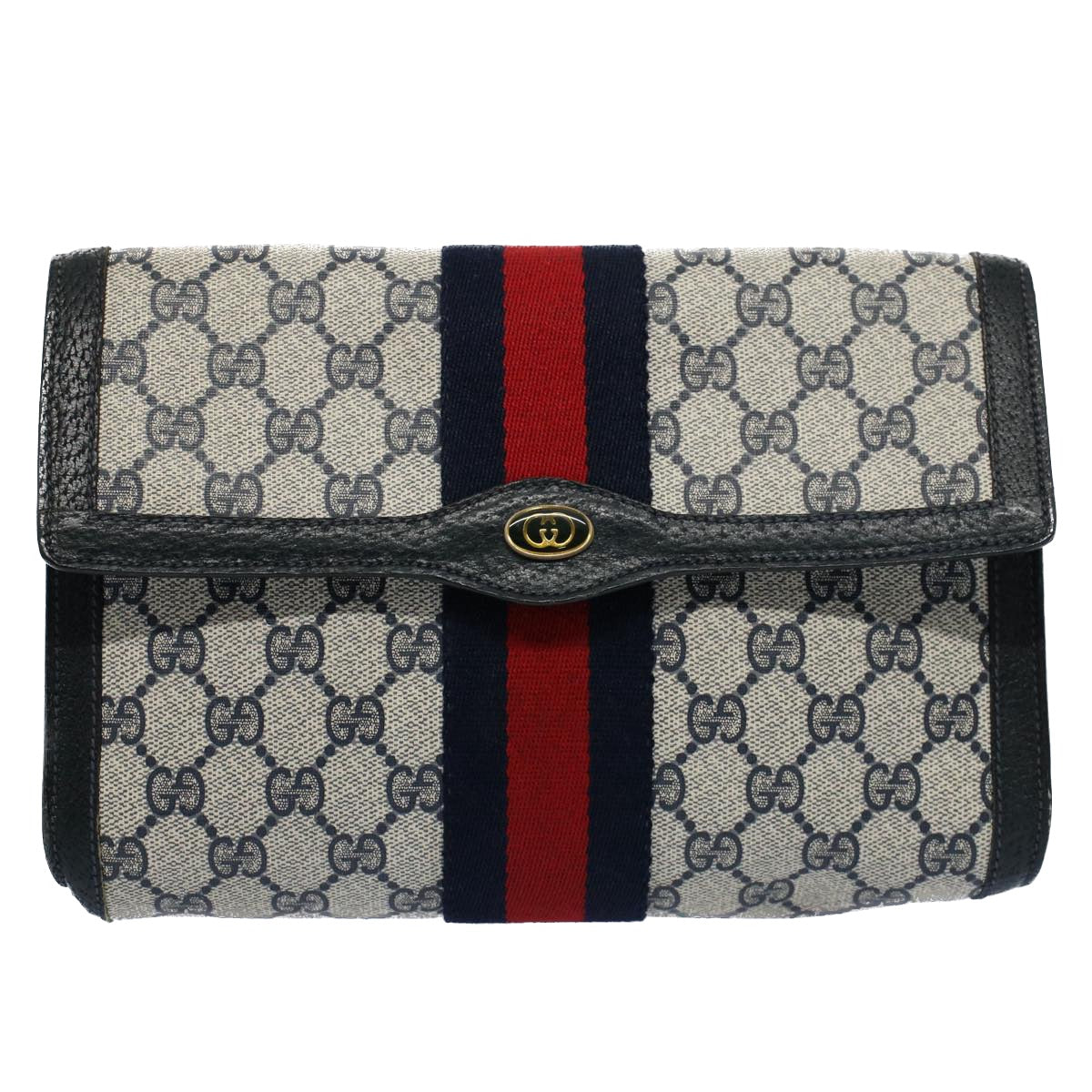 GUCCI GG Canvas Sherry Line Clutch Bag Gray Red Navy 89 01 006 Auth 54747 - 0