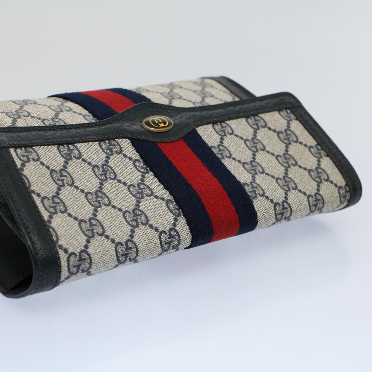 GUCCI GG Canvas Sherry Line Clutch Bag Gray Red Navy 89 01 006 Auth 54747