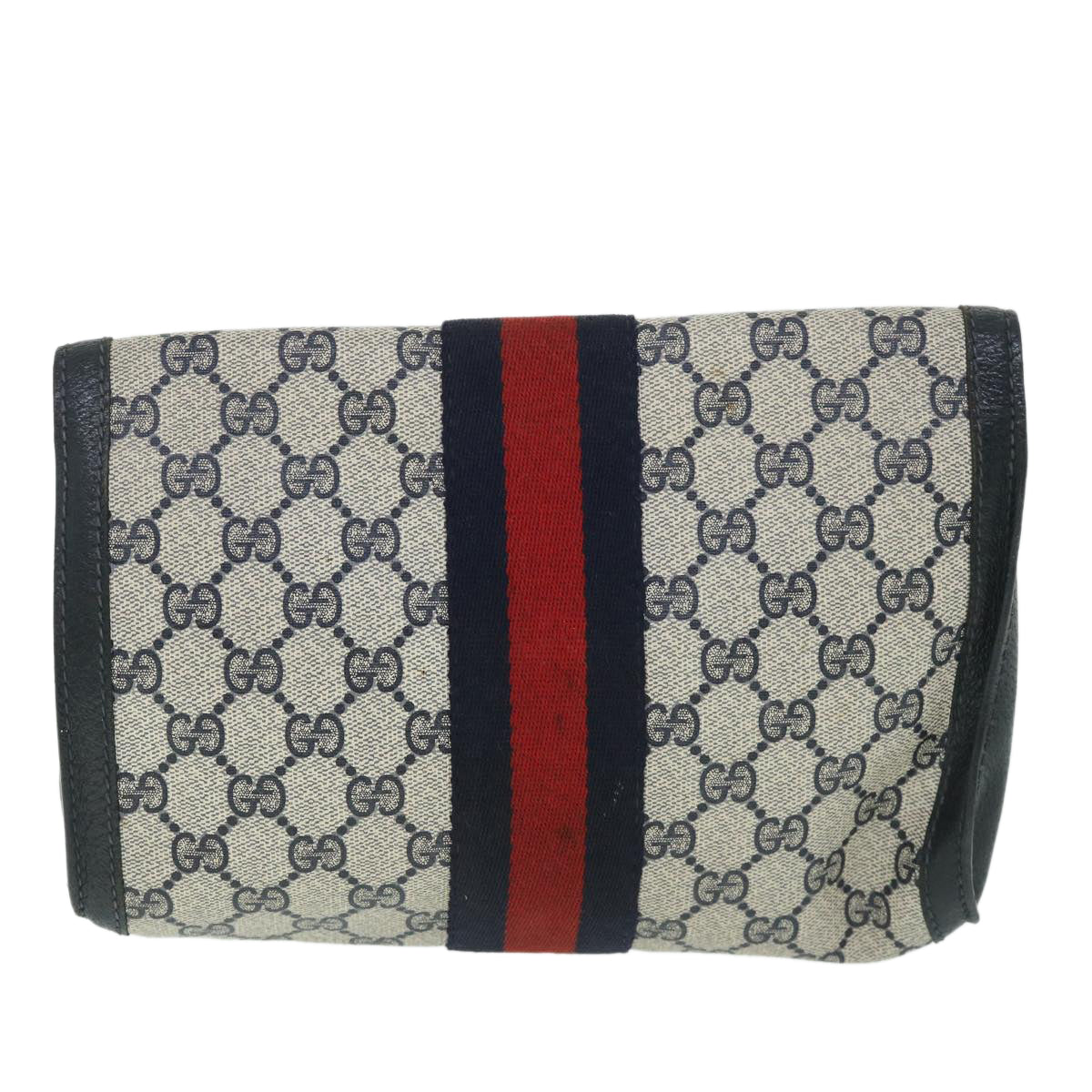 GUCCI GG Canvas Sherry Line Clutch Bag PVC Leather Navy Red Auth 54774 - 0