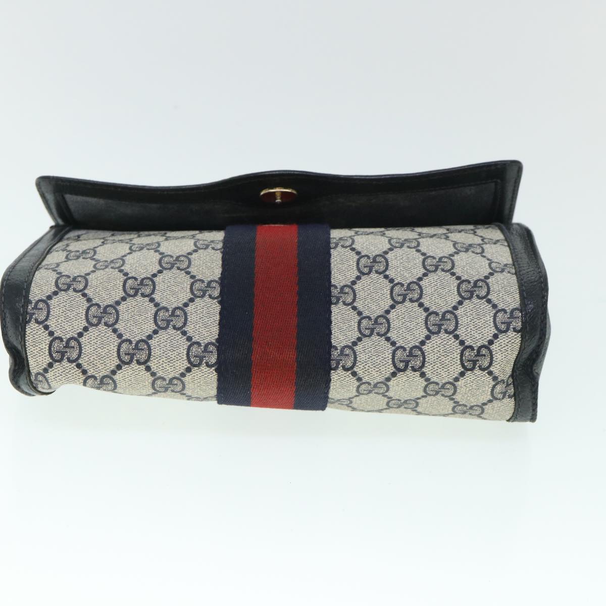 GUCCI GG Canvas Sherry Line Clutch Bag PVC Leather Navy Red Auth 54774