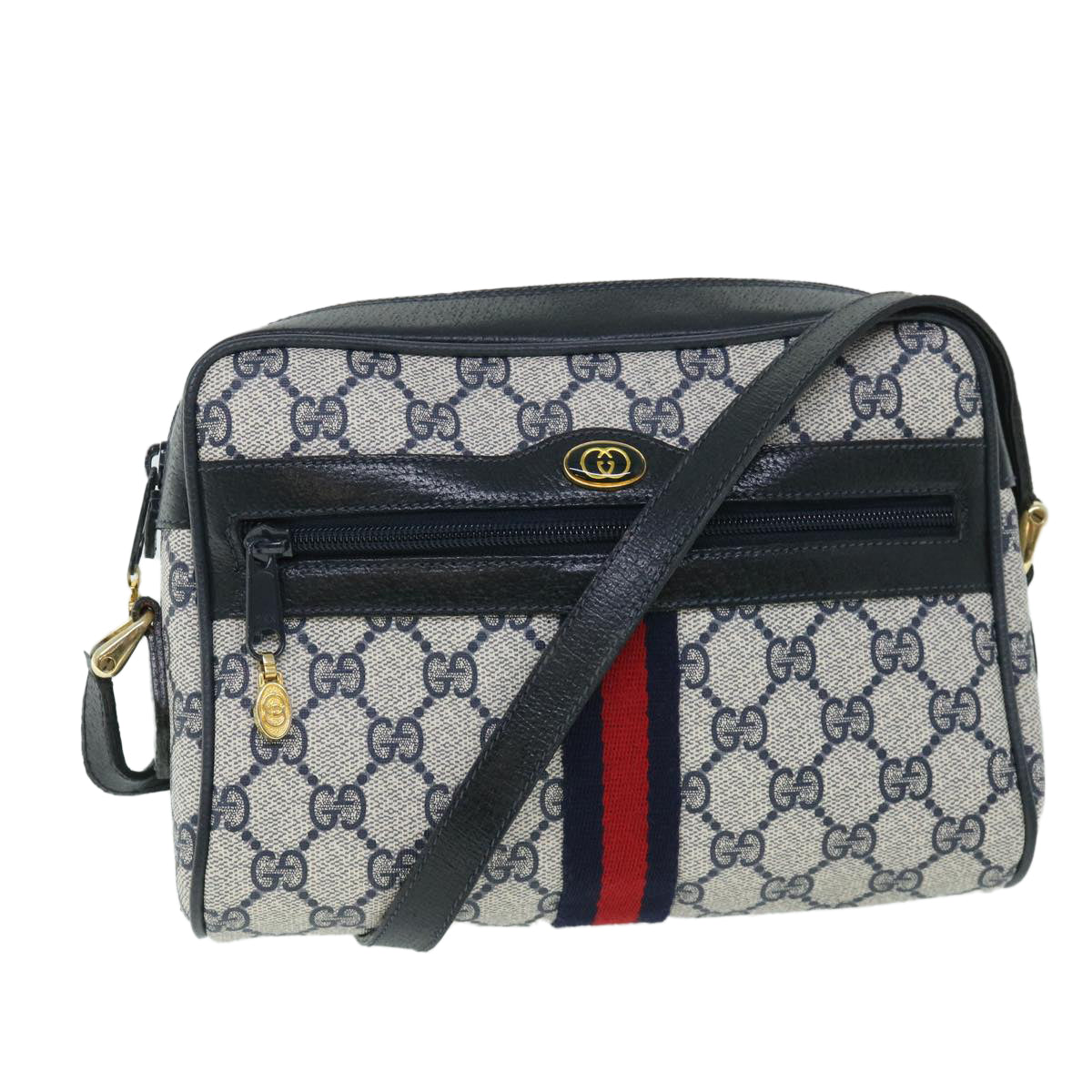 GUCCI GG Canvas Sherry Line Shoulder Bag PVC Leather Gray Red Navy Auth 54775