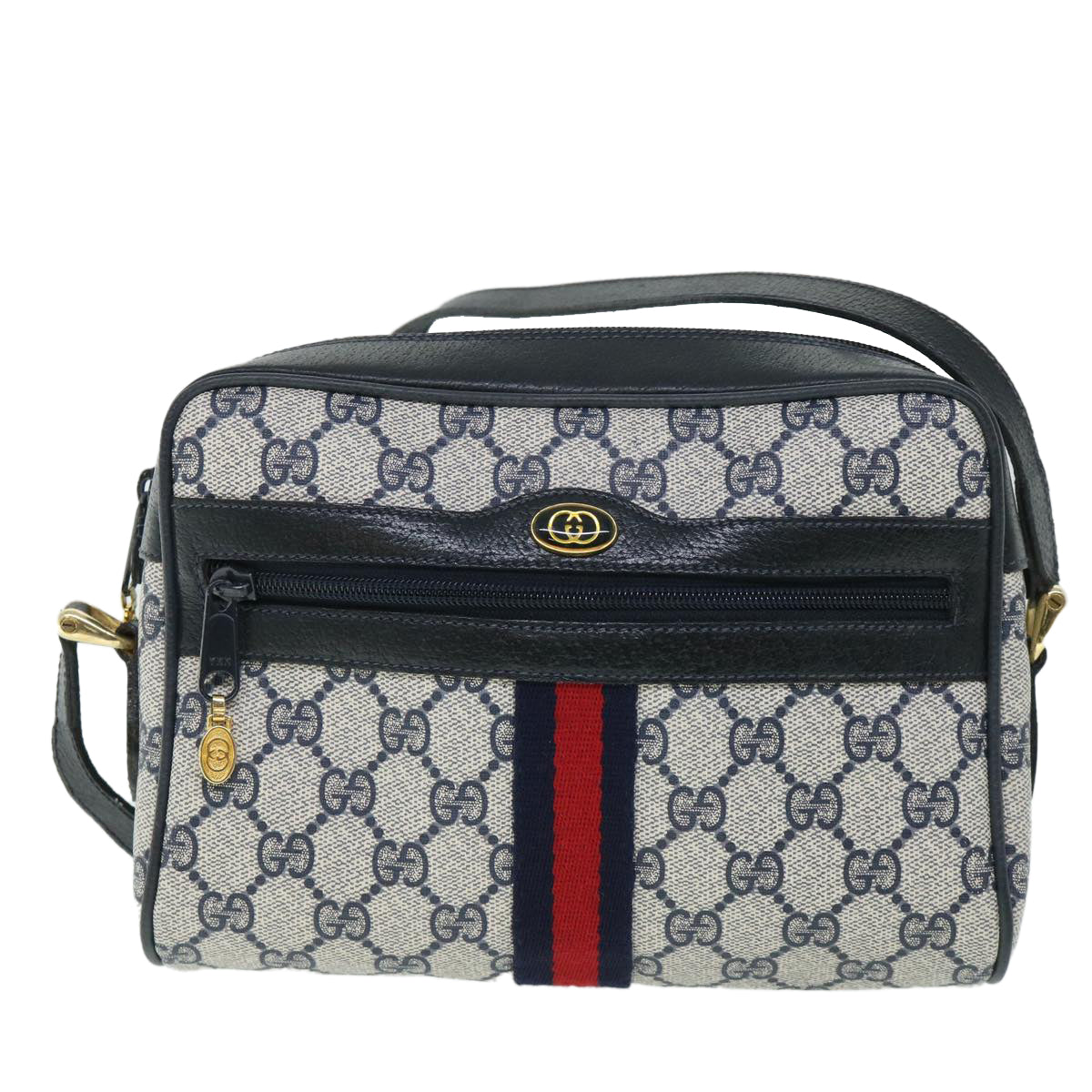 GUCCI GG Canvas Sherry Line Shoulder Bag PVC Leather Gray Red Navy Auth 54775