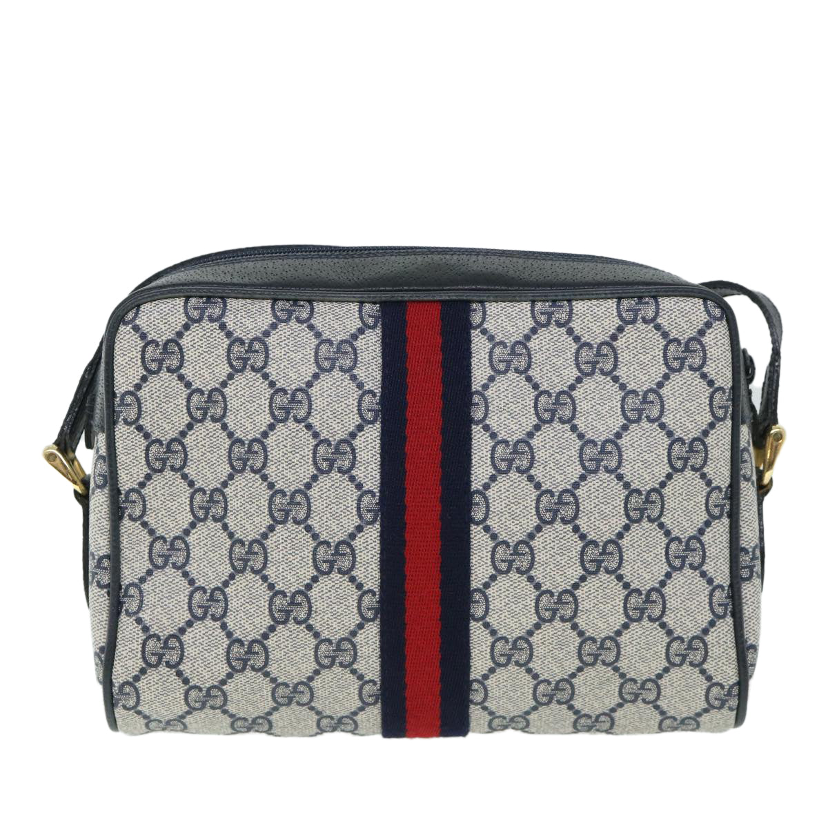 GUCCI GG Canvas Sherry Line Shoulder Bag PVC Leather Gray Red Navy Auth 54775