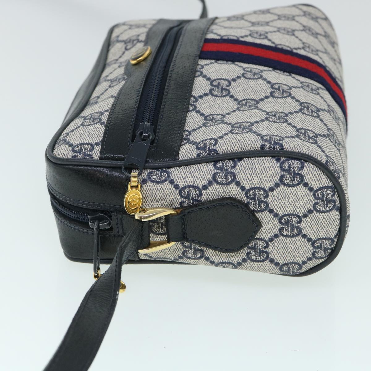 GUCCI GG Canvas Sherry Line Shoulder Bag PVC Leather Gray Red Navy Auth 54775