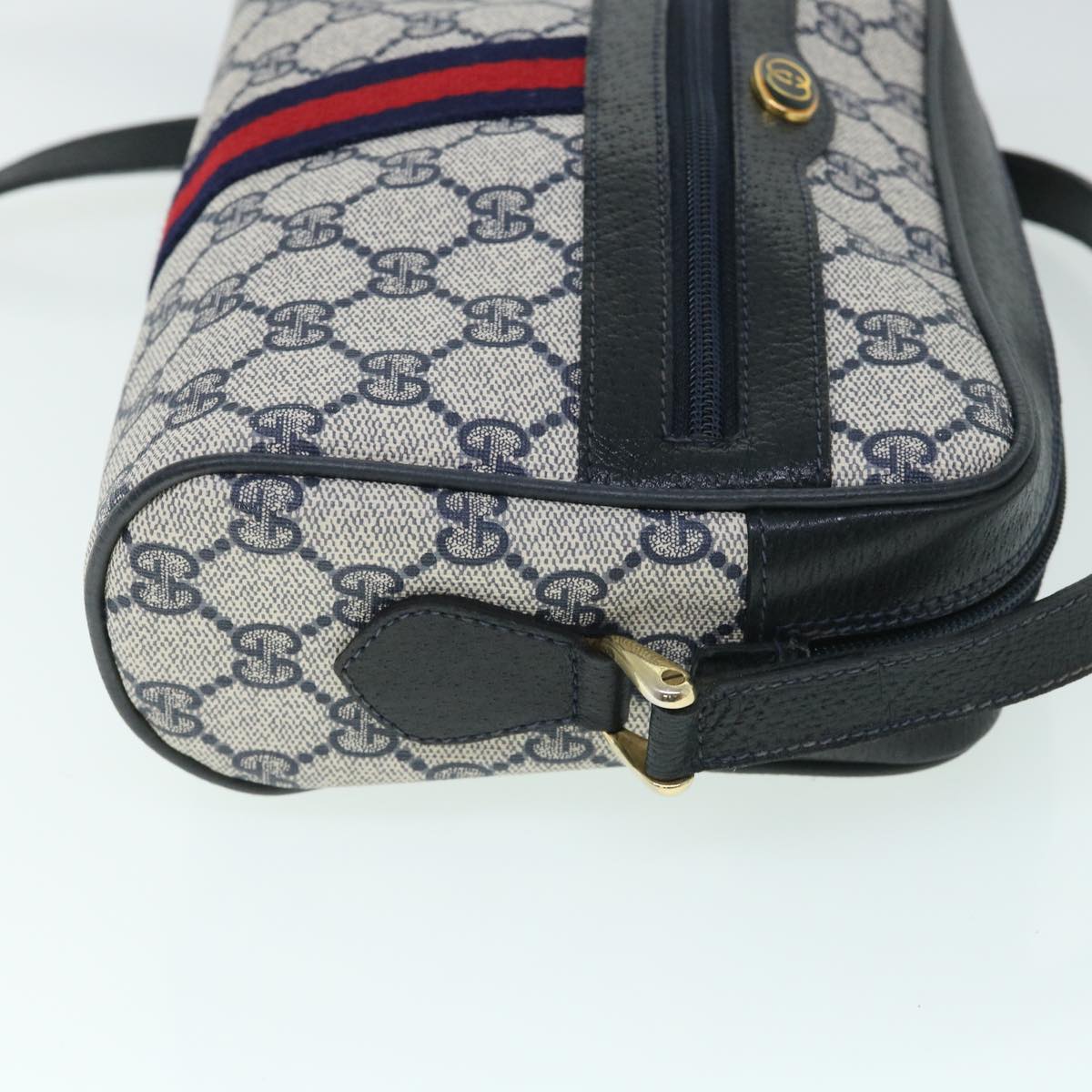 GUCCI GG Canvas Sherry Line Shoulder Bag PVC Leather Gray Red Navy Auth 54775