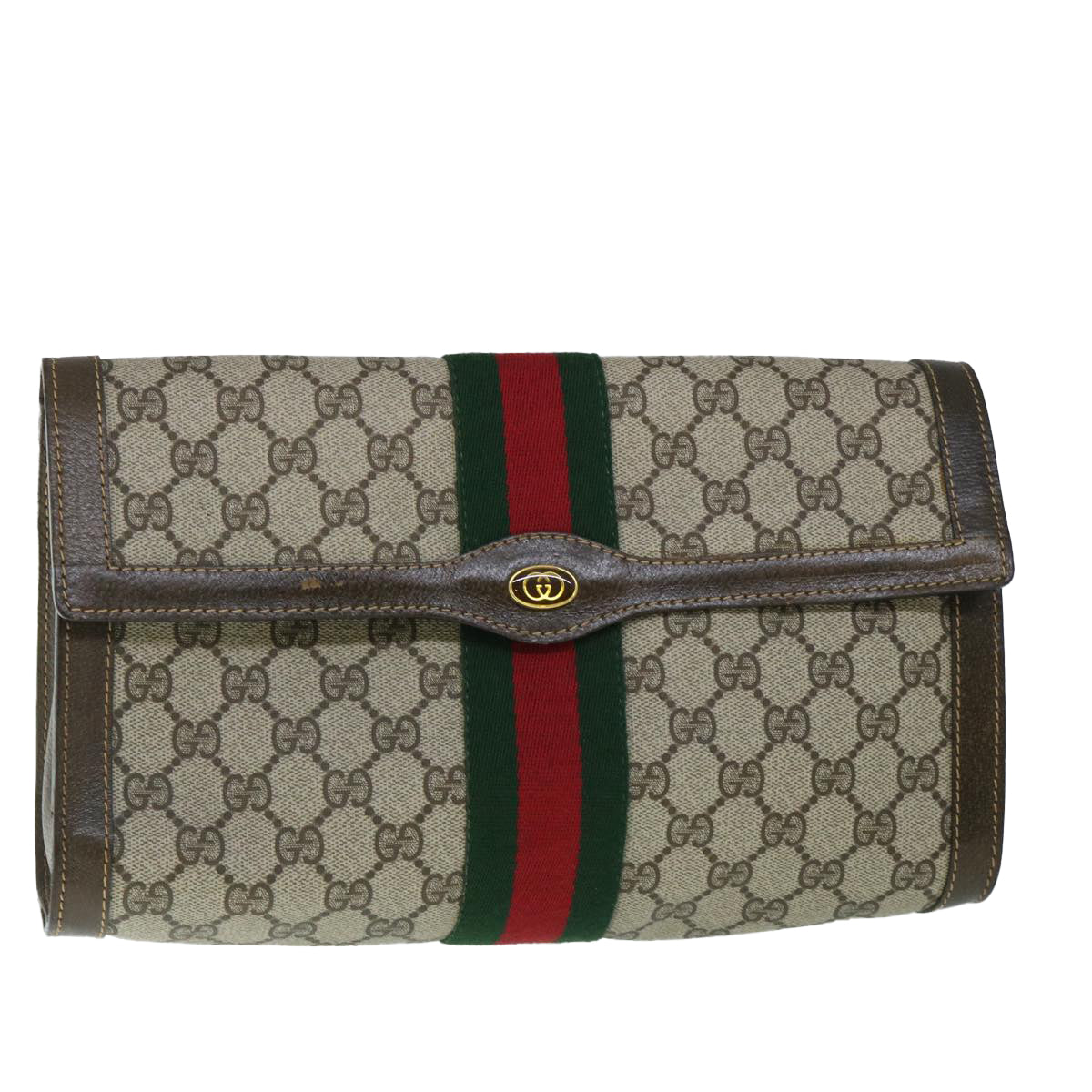 GUCCI GG Canvas Web Sherry Line Clutch Bag PVC Leather Beige Green Auth 54779