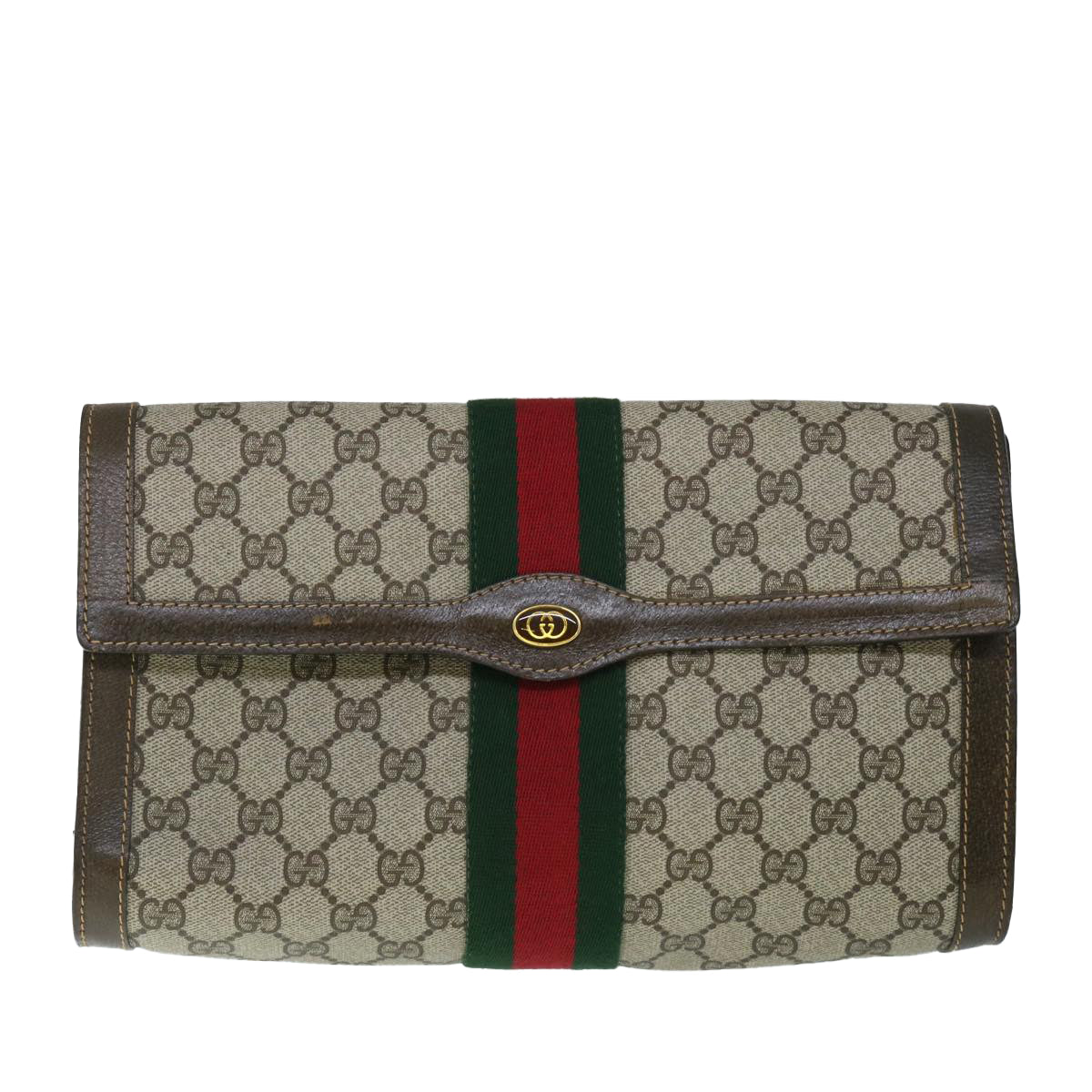 GUCCI GG Canvas Web Sherry Line Clutch Bag PVC Leather Beige Green Auth 54779