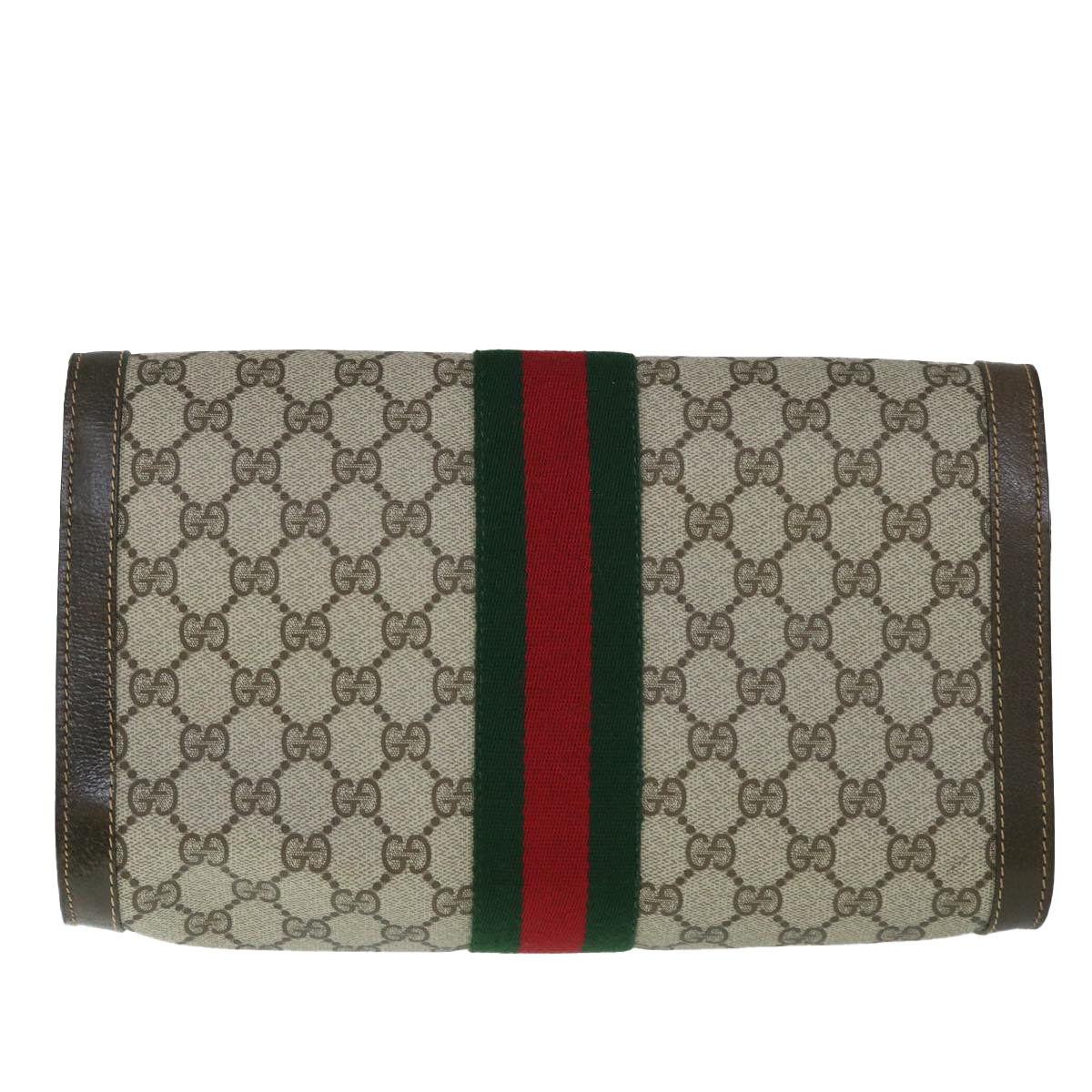 GUCCI GG Canvas Web Sherry Line Clutch Bag PVC Leather Beige Green Auth 54779 - 0