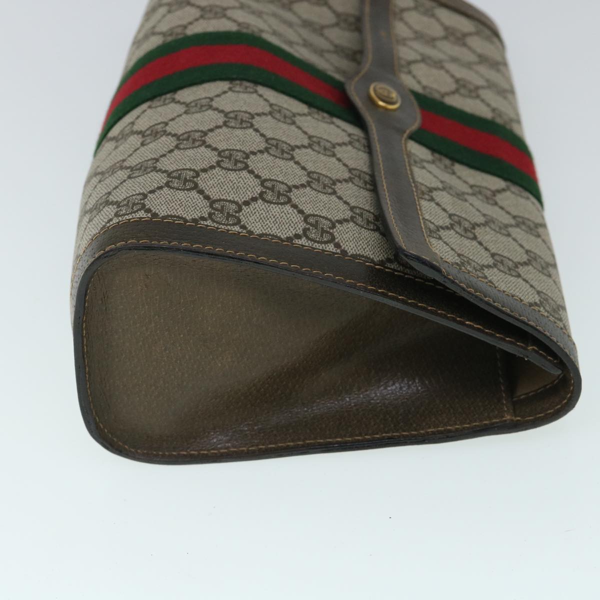 GUCCI GG Canvas Web Sherry Line Clutch Bag PVC Leather Beige Green Auth 54779