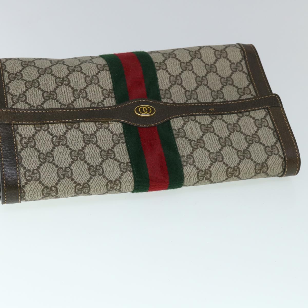 GUCCI GG Canvas Web Sherry Line Clutch Bag PVC Leather Beige Green Auth 54779