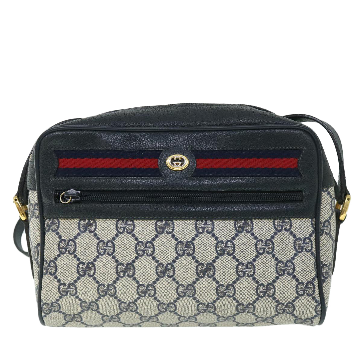 GUCCI GG Canvas Sherry Line Shoulder Bag Gray Red Navy 119.02.087 Auth 54792