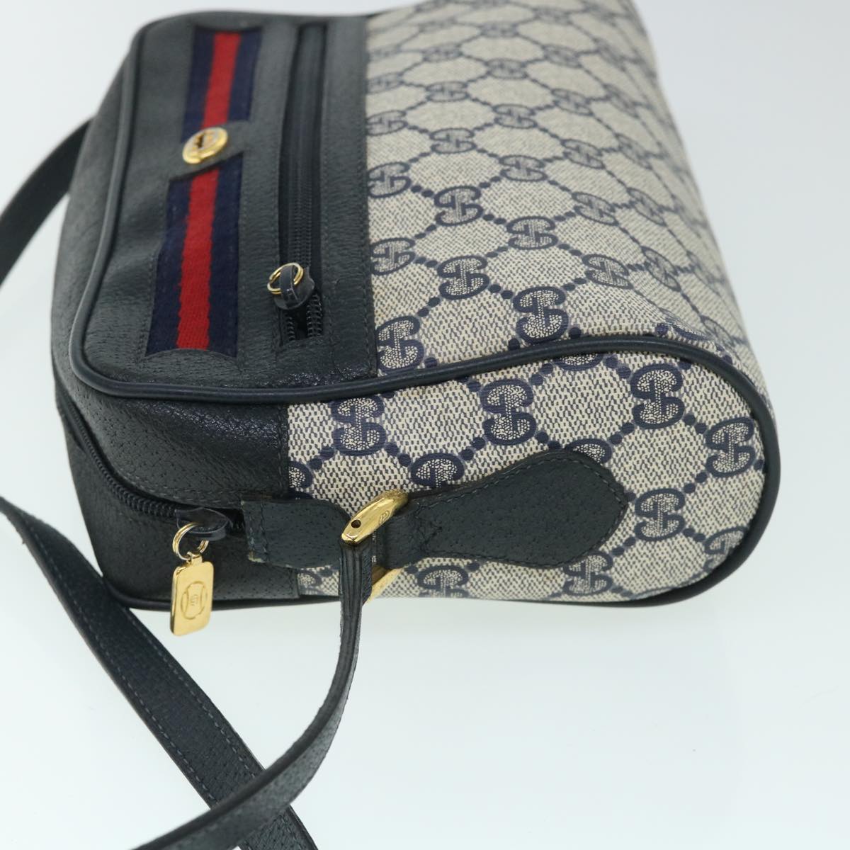 GUCCI GG Canvas Sherry Line Shoulder Bag Gray Red Navy 119.02.087 Auth 54792