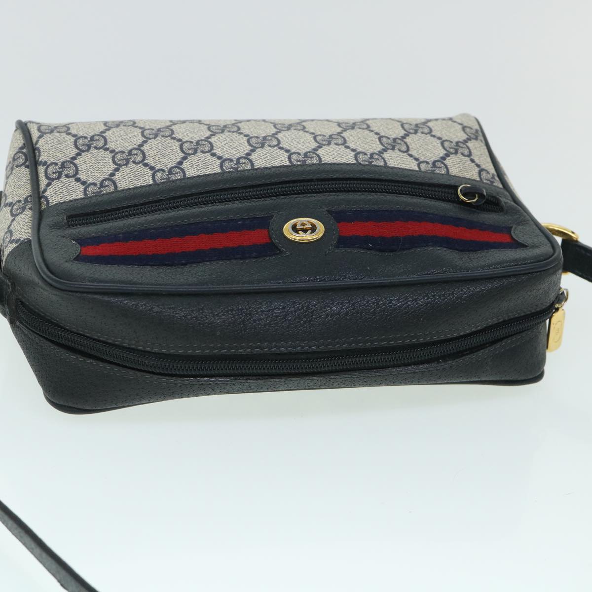 GUCCI GG Canvas Sherry Line Shoulder Bag Gray Red Navy 119.02.087 Auth 54792