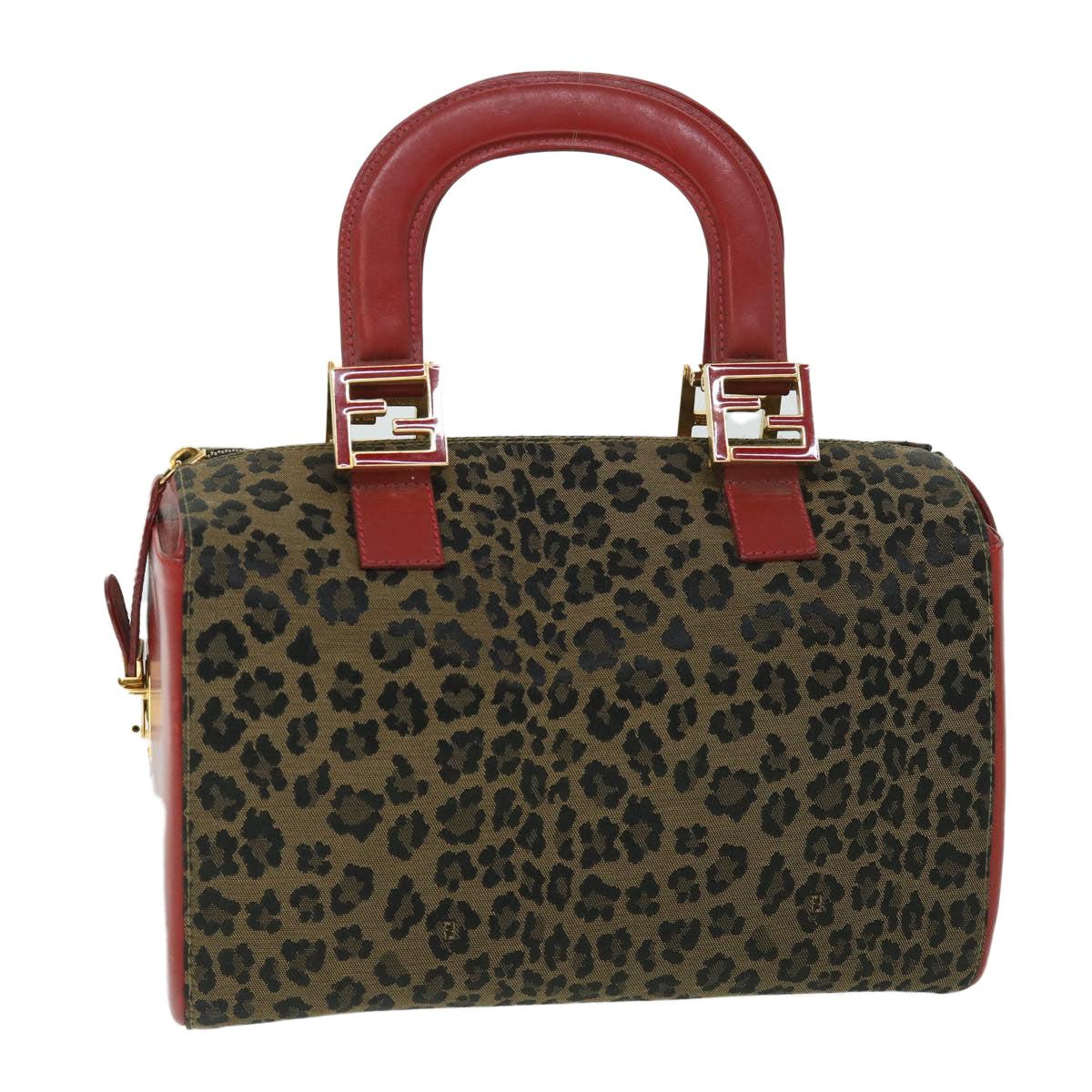 FENDI Leopard Boston Bag Canvas Brown Auth 54817