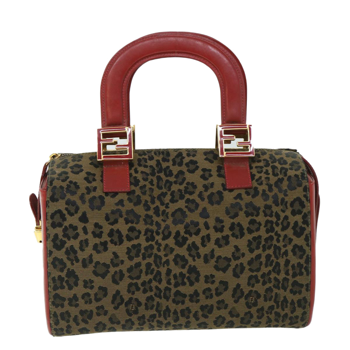 FENDI Leopard Boston Bag Canvas Brown Auth 54817