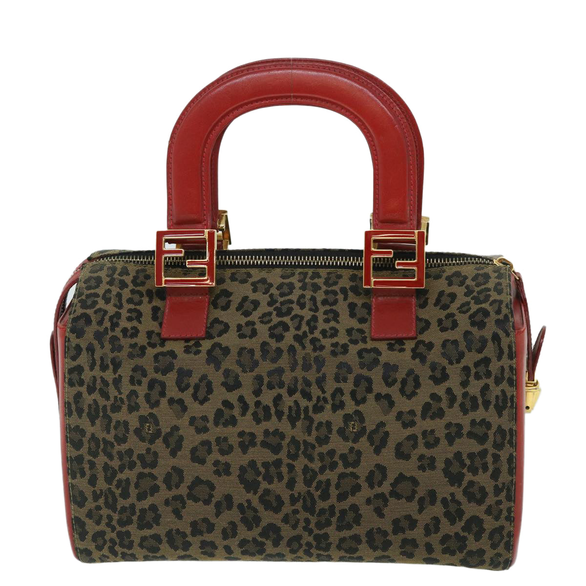FENDI Leopard Boston Bag Canvas Brown Auth 54817 - 0