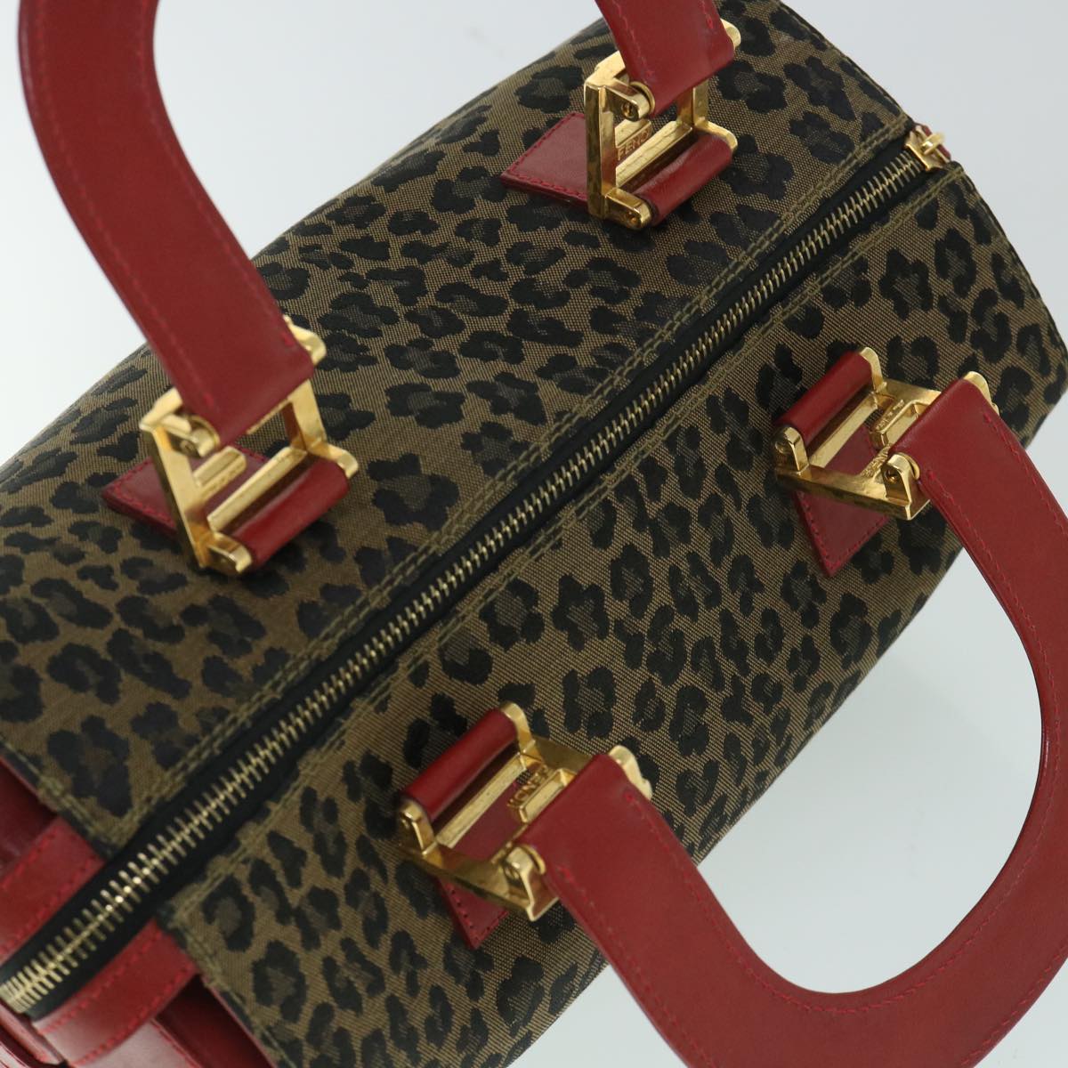 FENDI Leopard Boston Bag Canvas Brown Auth 54817