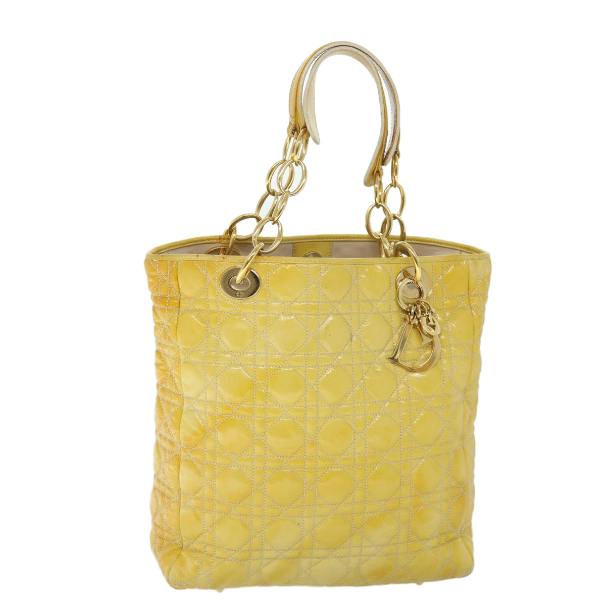 Christian Dior Lady Dior Canage Chain Tote Bag Patent leather Yellow Auth 54827