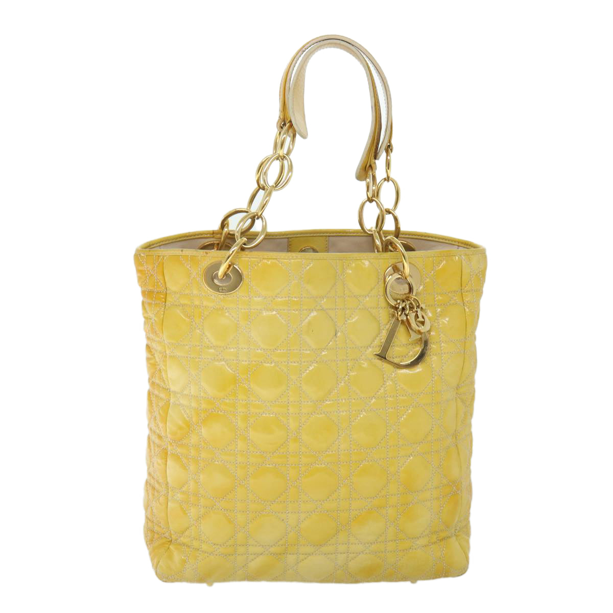 Christian Dior Lady Dior Canage Chain Tote Bag Patent leather Yellow Auth 54827