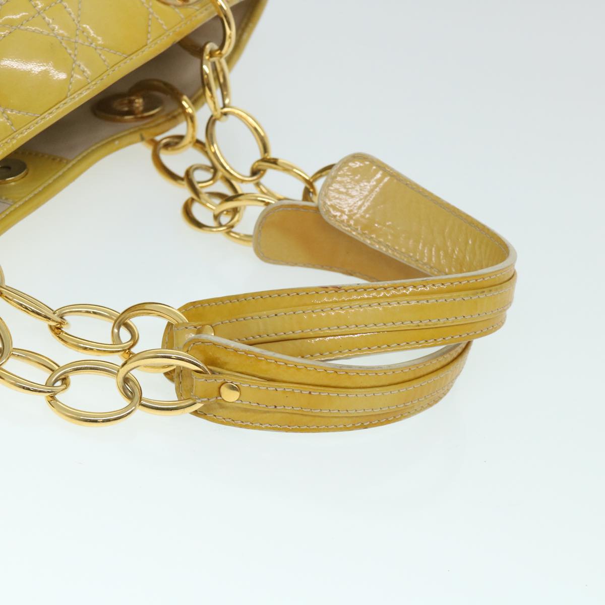 Christian Dior Lady Dior Canage Chain Tote Bag Patent leather Yellow Auth 54827