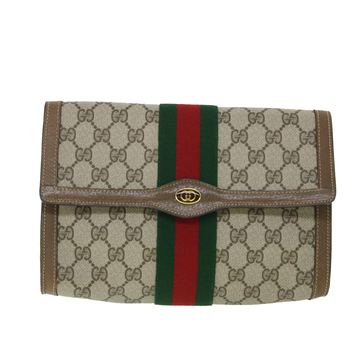 GUCCI GG Canvas Web Sherry Line Clutch Bag PVC Leather Beige Green Auth 54834