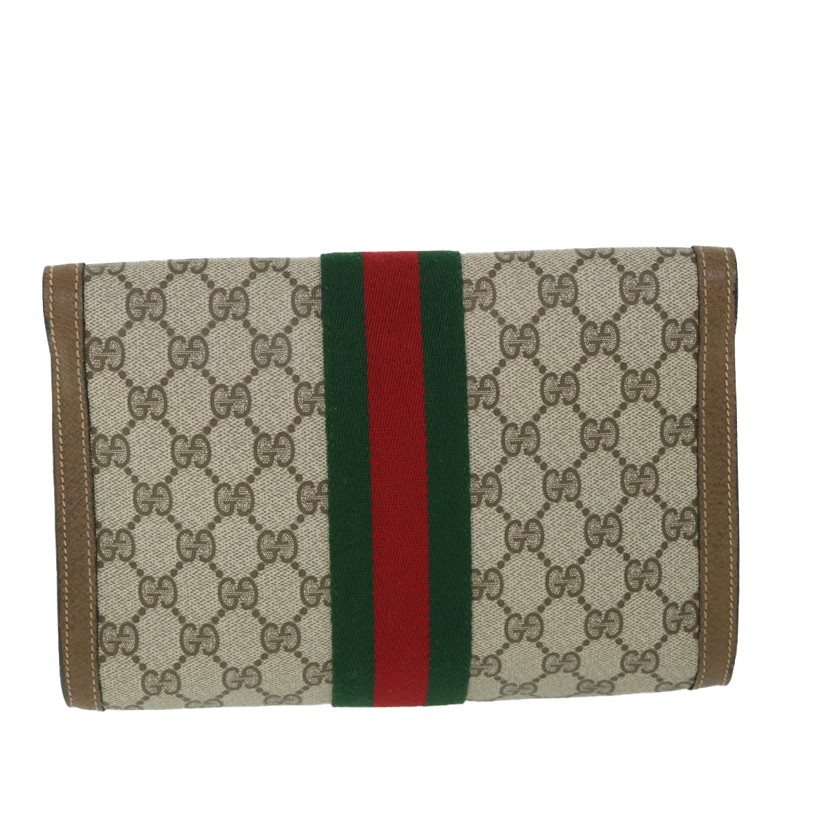 GUCCI GG Canvas Web Sherry Line Clutch Bag PVC Leather Beige Green Auth 54834 - 0