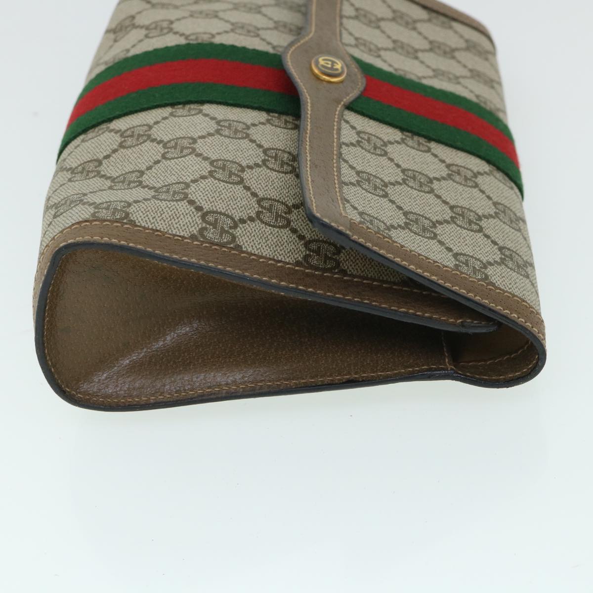 GUCCI GG Canvas Web Sherry Line Clutch Bag PVC Leather Beige Green Auth 54834