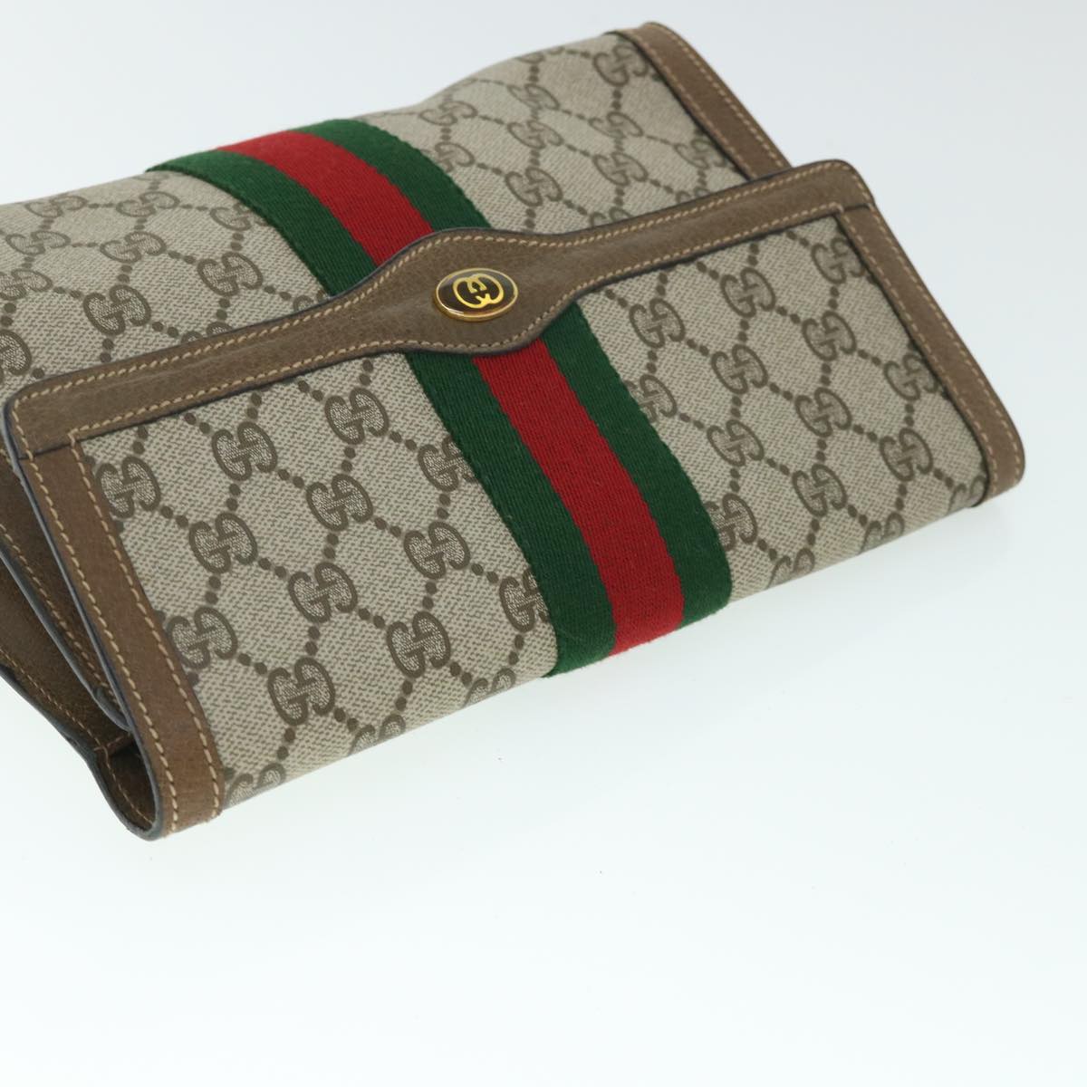 GUCCI GG Canvas Web Sherry Line Clutch Bag PVC Leather Beige Green Auth 54834