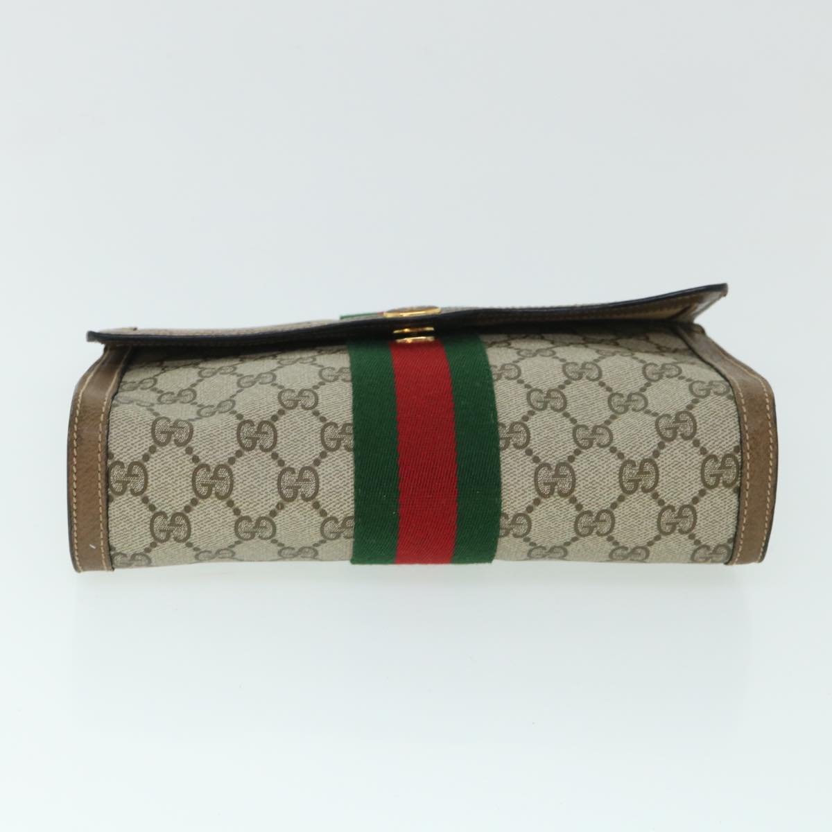 GUCCI GG Canvas Web Sherry Line Clutch Bag PVC Leather Beige Green Auth 54834