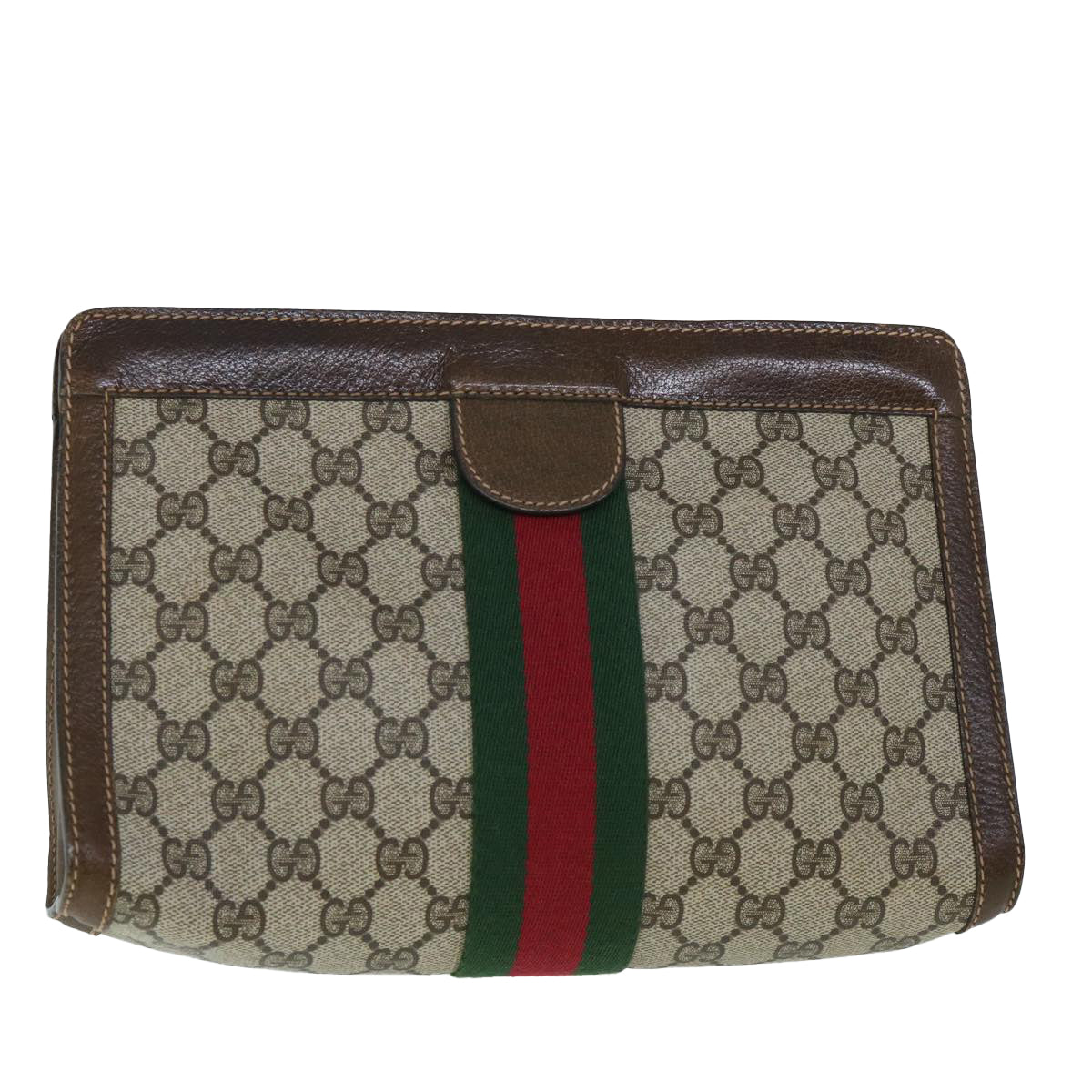 GUCCI GG Canvas Web Sherry Line Clutch Bag PVC Leather Beige Green Auth 54835