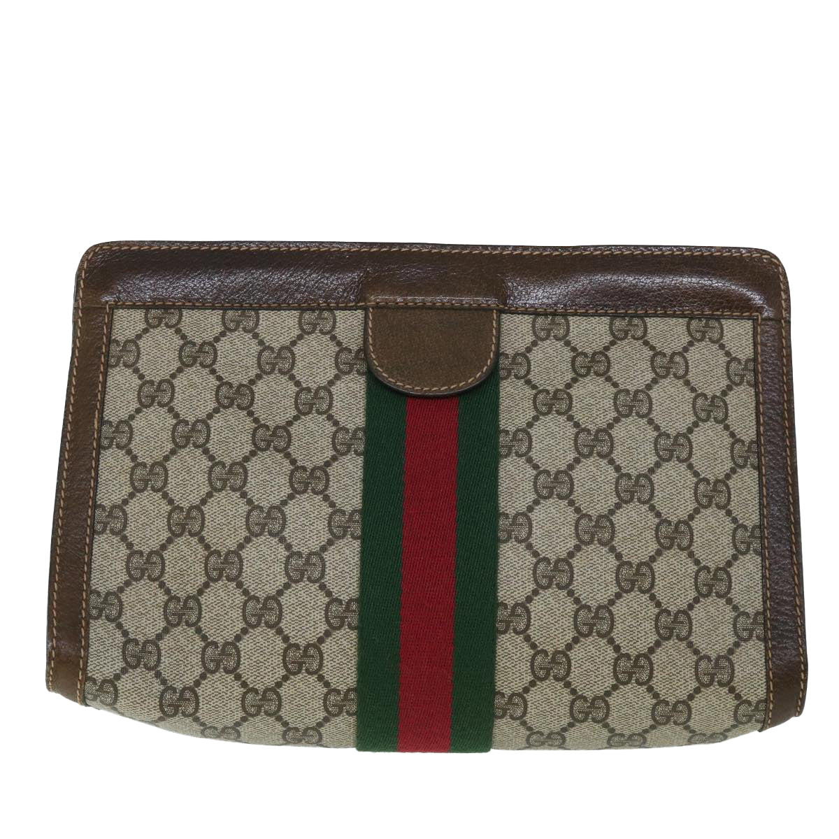 GUCCI GG Canvas Web Sherry Line Clutch Bag PVC Leather Beige Green Auth 54835