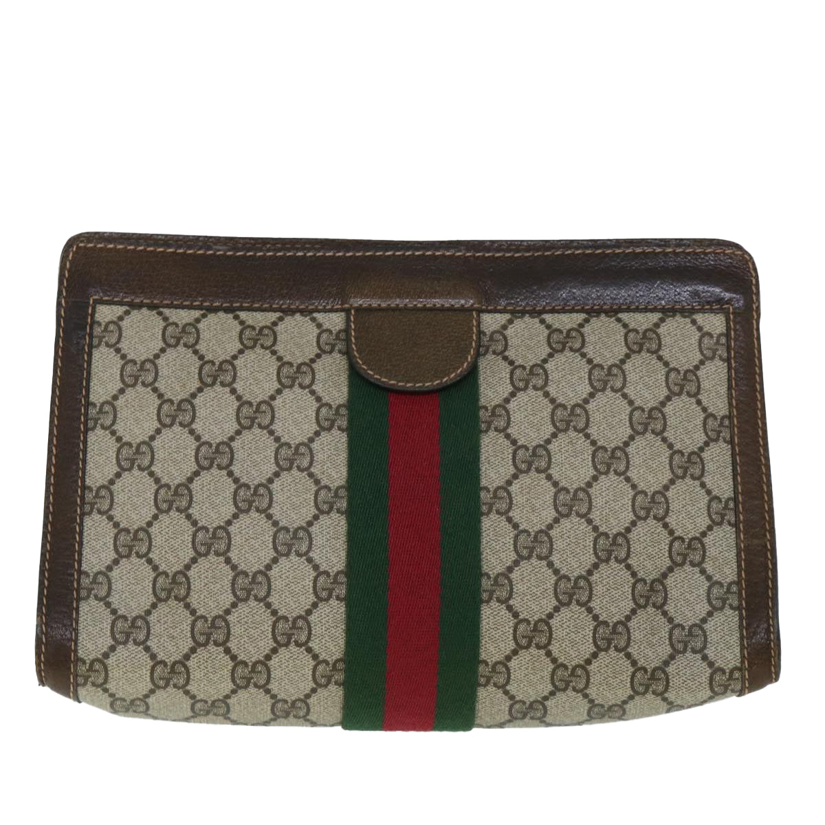 GUCCI GG Canvas Web Sherry Line Clutch Bag PVC Leather Beige Green Auth 54835 - 0