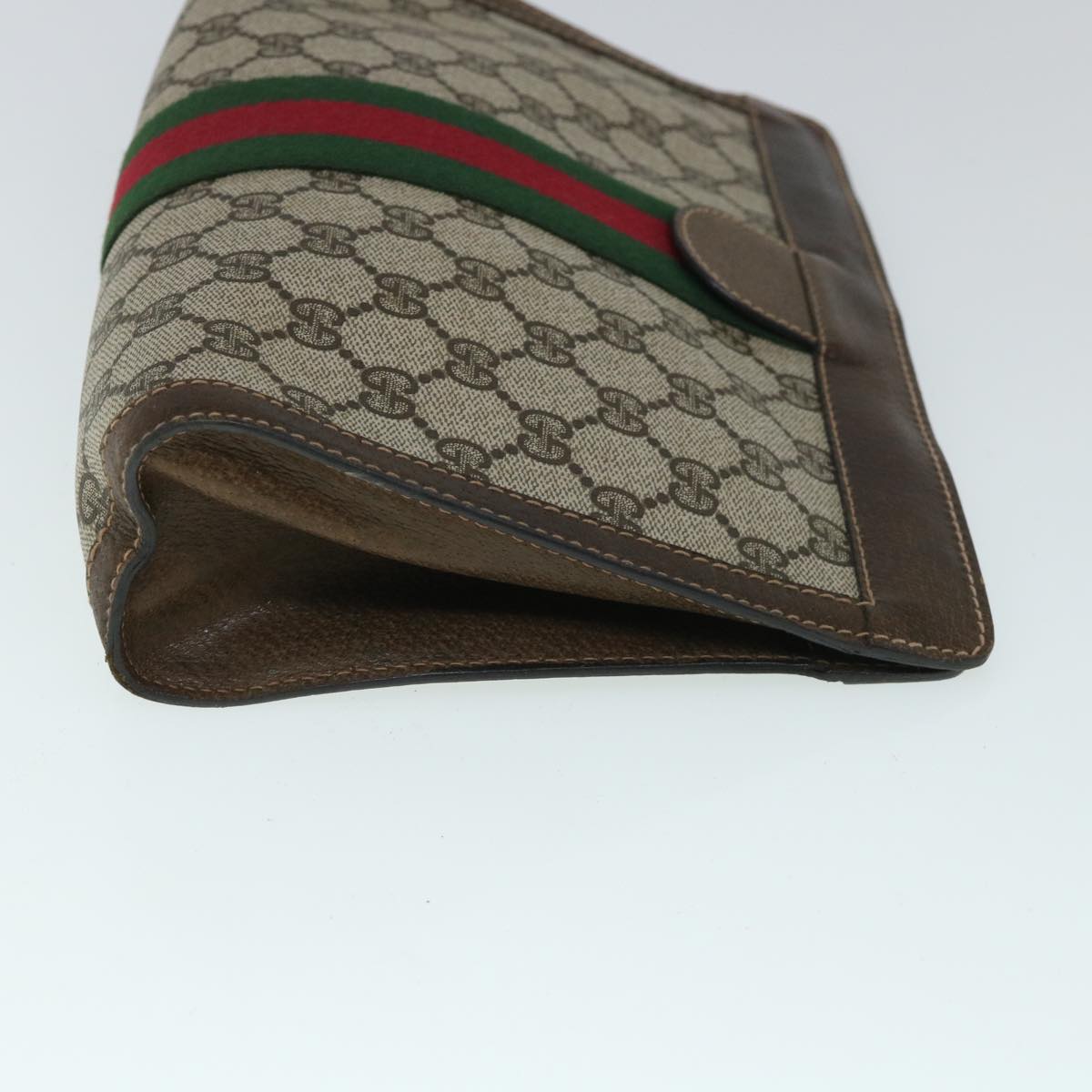 GUCCI GG Canvas Web Sherry Line Clutch Bag PVC Leather Beige Green Auth 54835