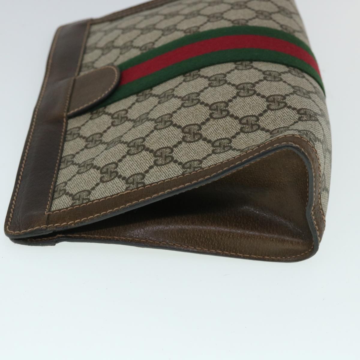 GUCCI GG Canvas Web Sherry Line Clutch Bag PVC Leather Beige Green Auth 54835