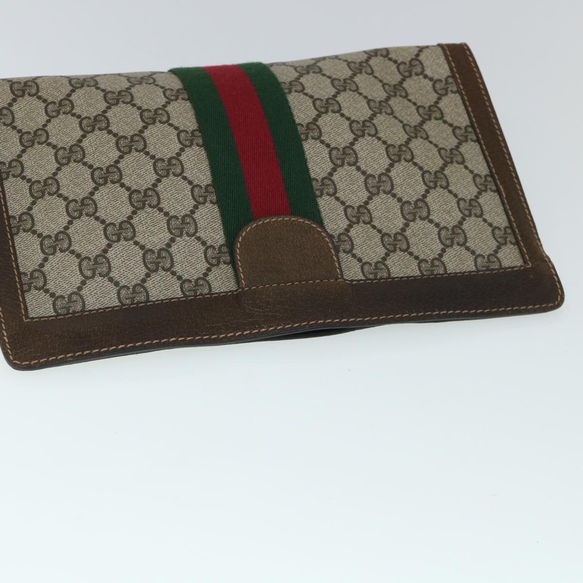 GUCCI GG Canvas Web Sherry Line Clutch Bag PVC Leather Beige Green Auth 54835