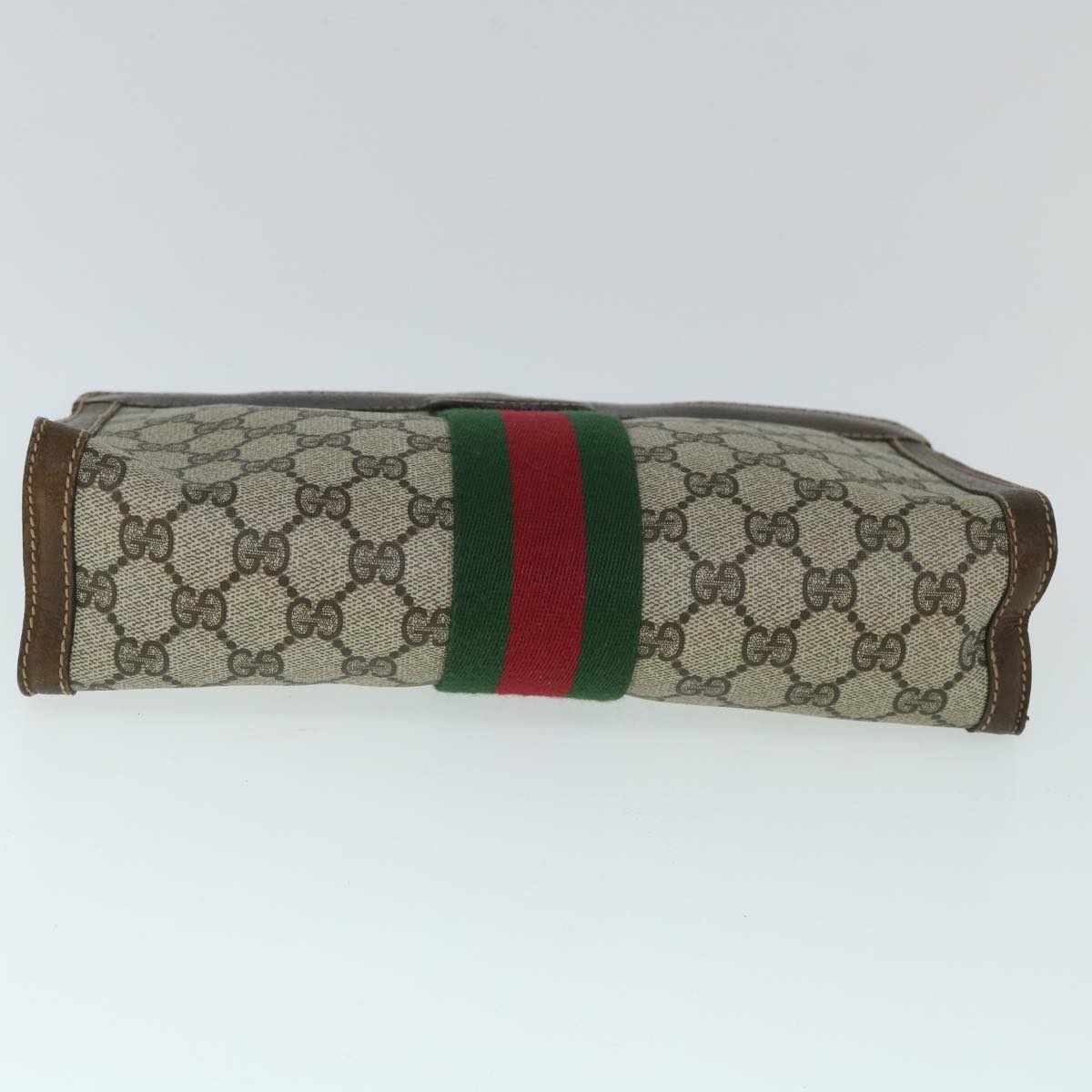 GUCCI GG Canvas Web Sherry Line Clutch Bag PVC Leather Beige Green Auth 54835