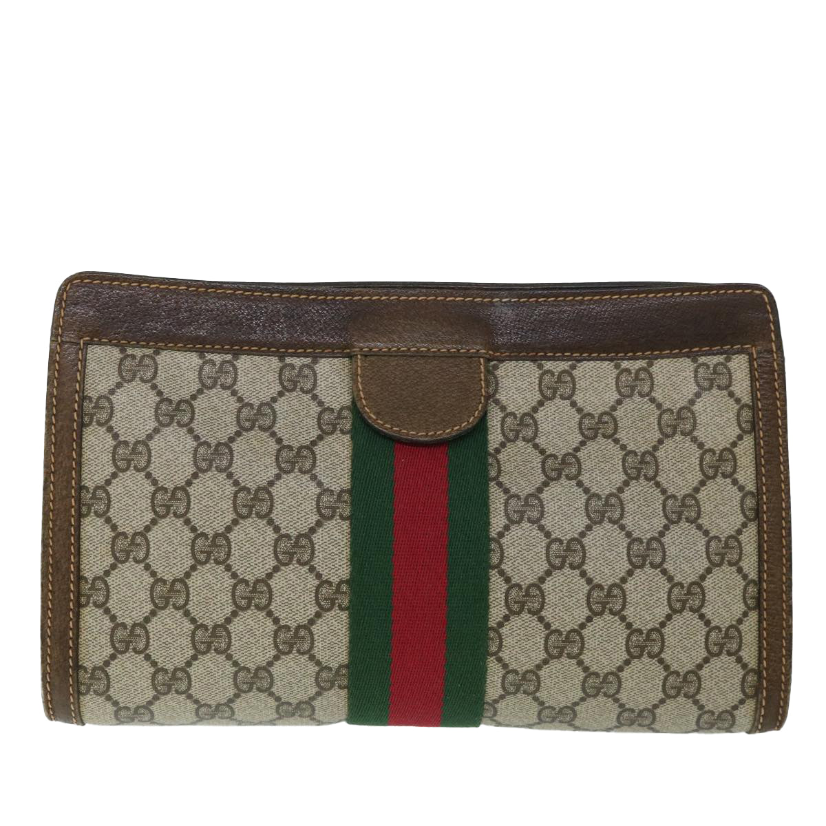 GUCCI GG Canvas Web Sherry Line Clutch Bag PVC Leather Beige Green Auth 54839