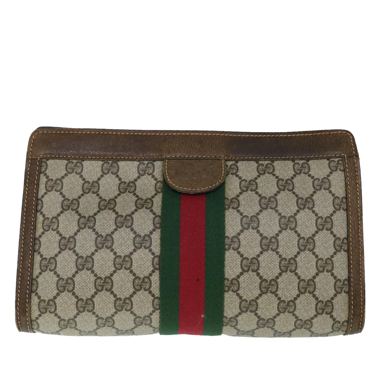 GUCCI GG Canvas Web Sherry Line Clutch Bag PVC Leather Beige Green Auth 54839 - 0