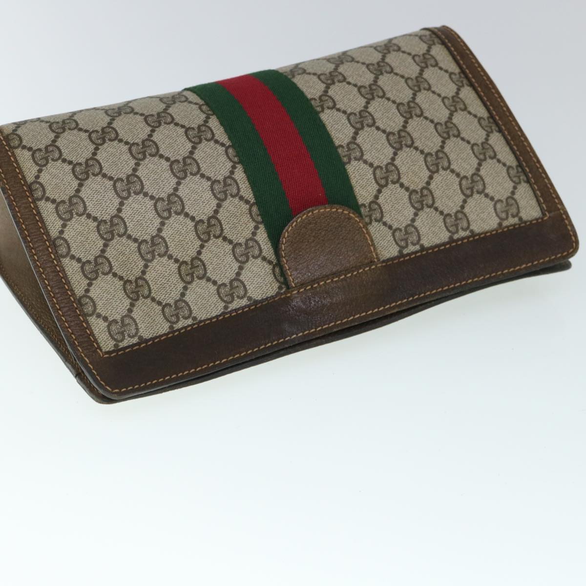 GUCCI GG Canvas Web Sherry Line Clutch Bag PVC Leather Beige Green Auth 54839