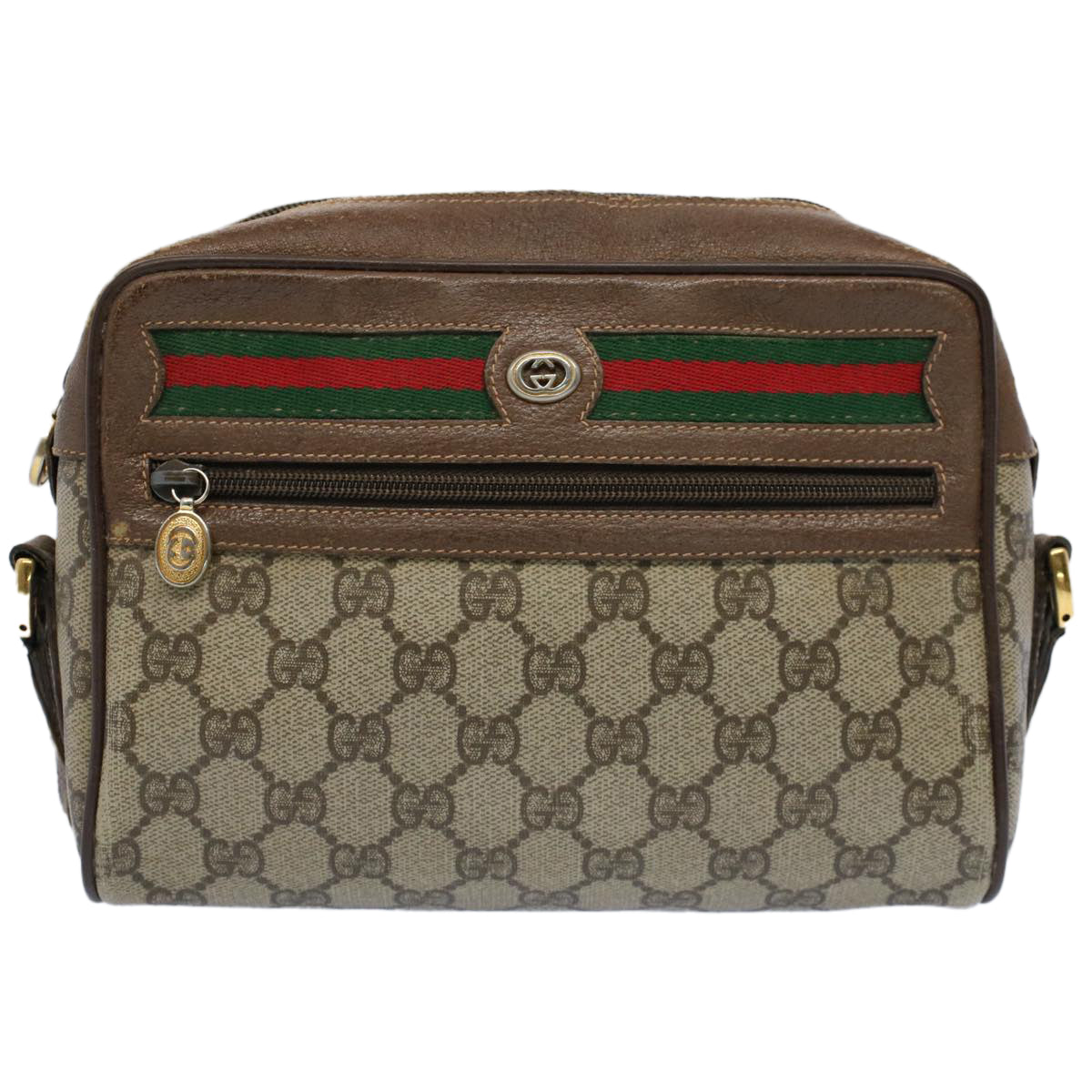 GUCCI GG Canvas Web Sherry Line Shoulder Bag PVC Leather Beige Green Auth 54875