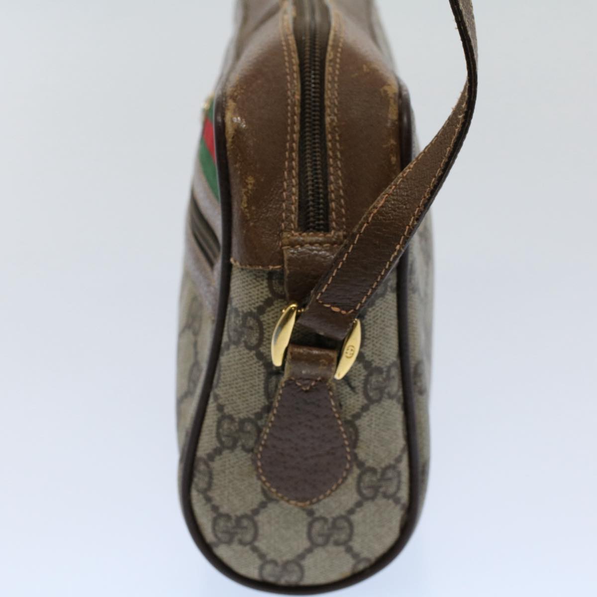 GUCCI GG Canvas Web Sherry Line Shoulder Bag PVC Leather Beige Green Auth 54875