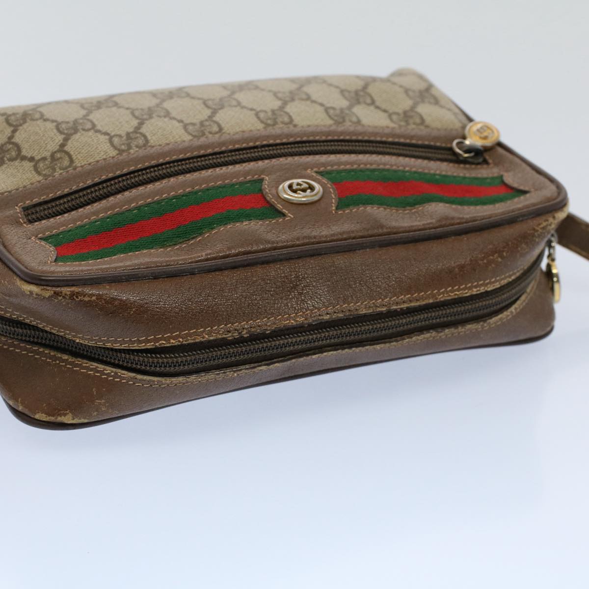 GUCCI GG Canvas Web Sherry Line Shoulder Bag PVC Leather Beige Green Auth 54875