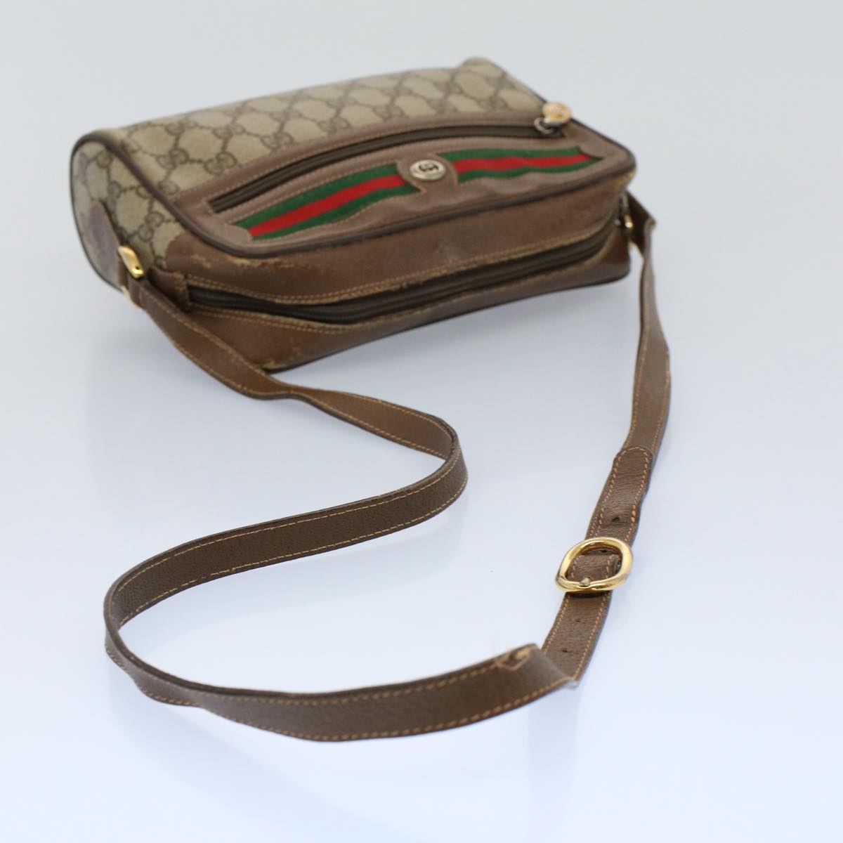 GUCCI GG Canvas Web Sherry Line Shoulder Bag PVC Leather Beige Green Auth 54875