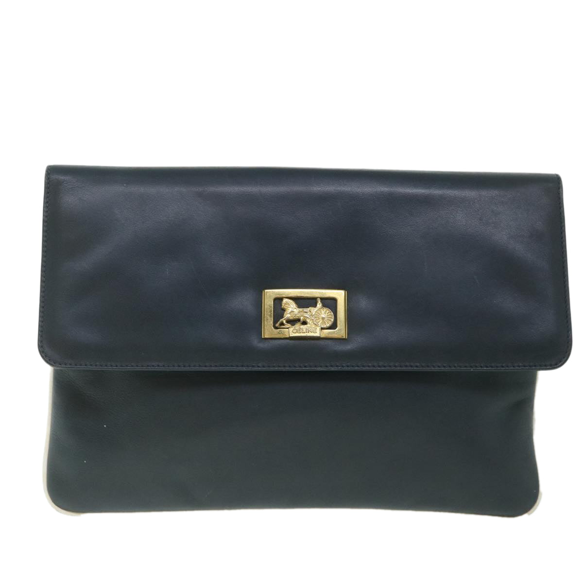 CELINE Horse Carriage Clutch Bag Leather Navy Auth 54881