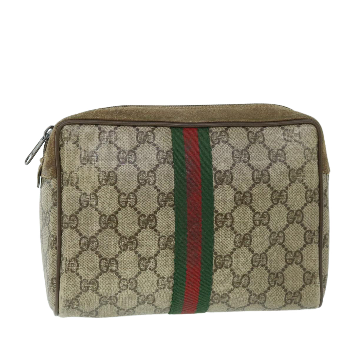 GUCCI GG Canvas Web Sherry Line Clutch Bag PVC Leather Beige Green Auth 54882