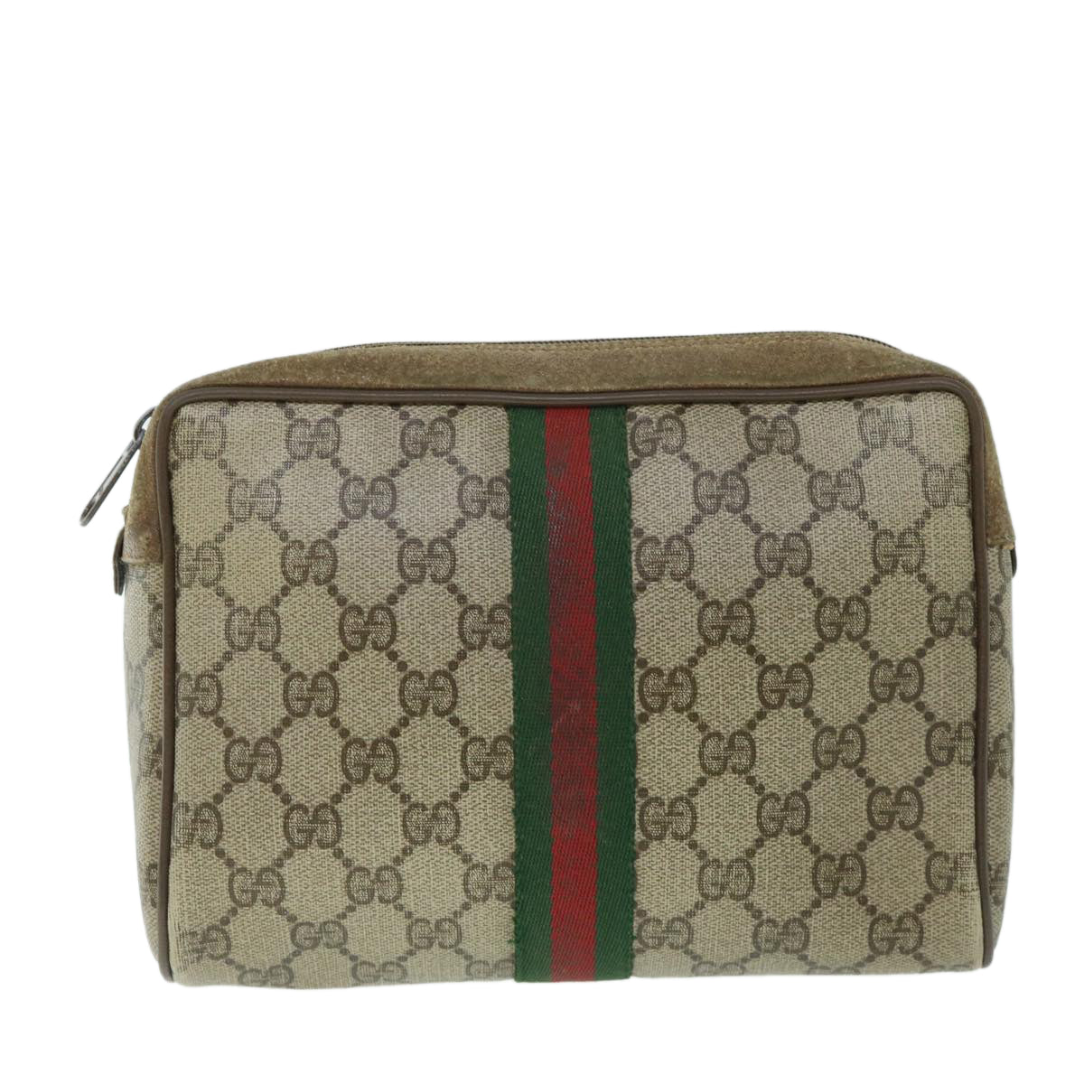 GUCCI GG Canvas Web Sherry Line Clutch Bag PVC Leather Beige Green Auth 54882